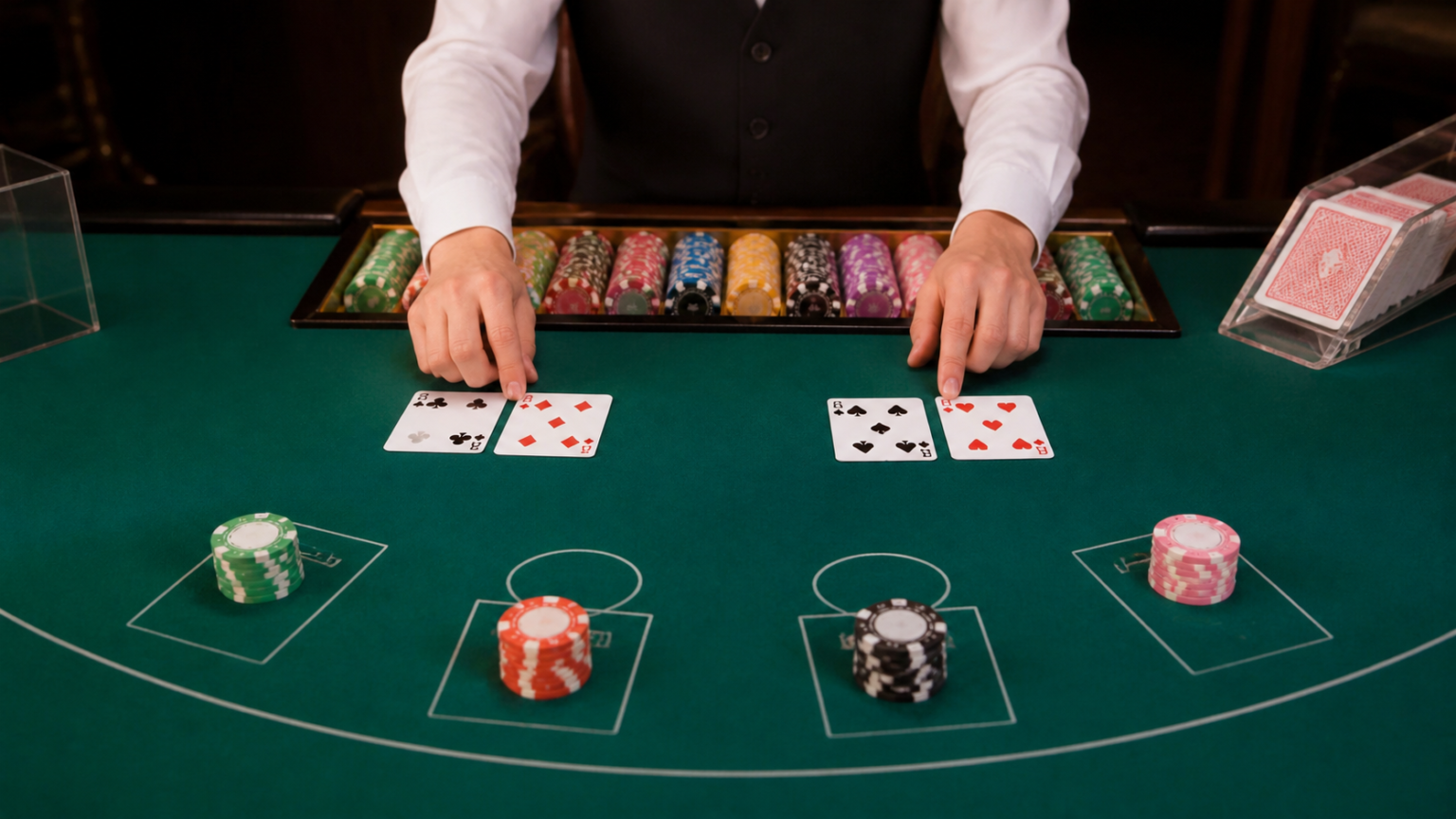 baccarat là gì? Luật chơi, cách tính điểm và những điều cần biết Bàn baccarat với bài và phỉnh, minh họa luật chơi và cách tính điểm