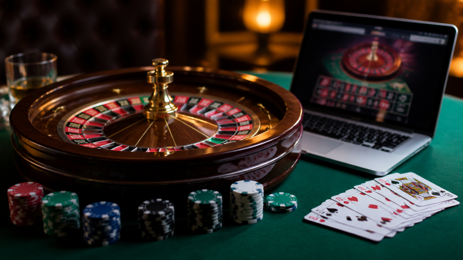 Online casino gaming setup with roulette wheel and cards