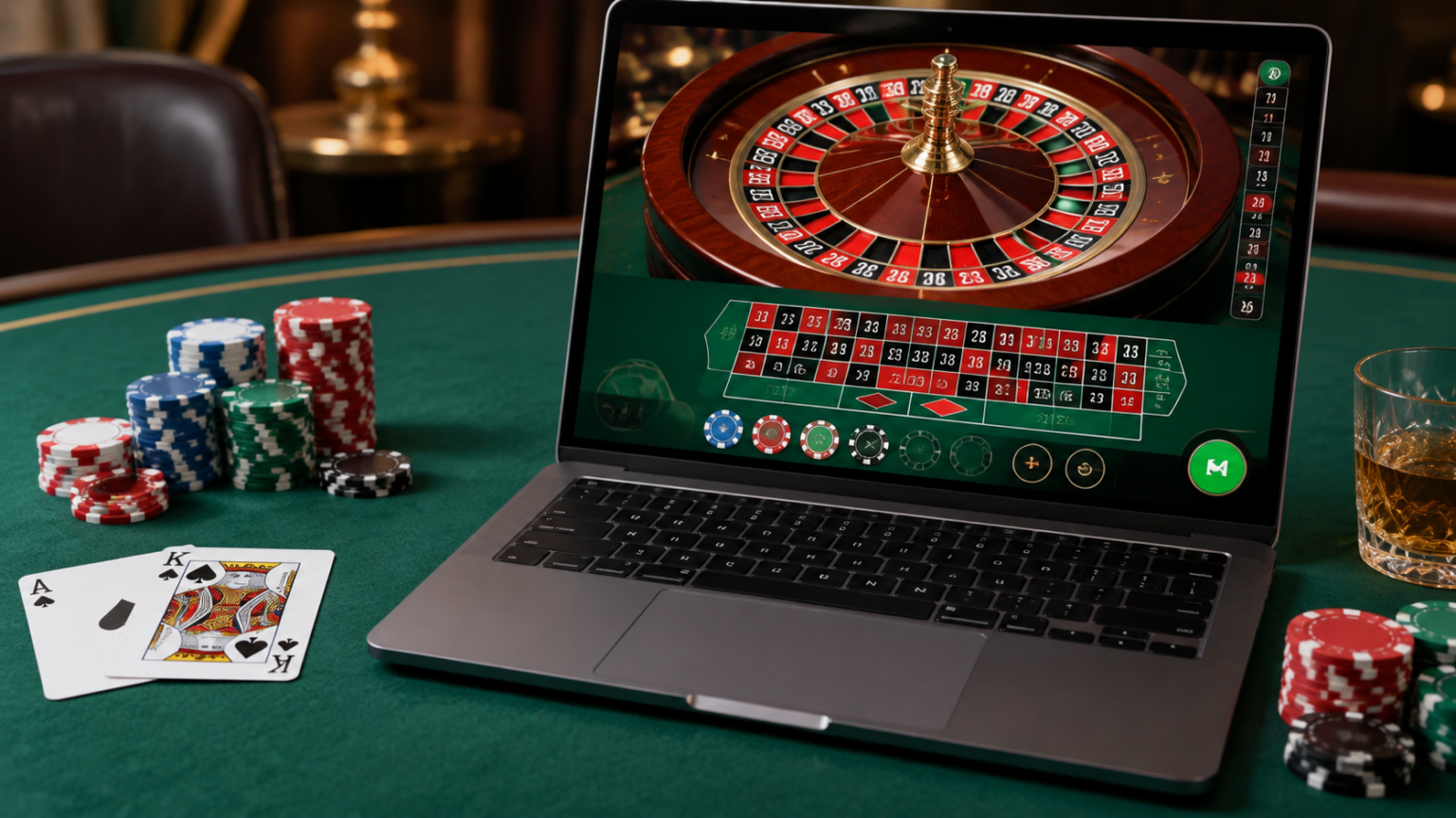 Choosing the best online casino Singapore: A Practical Guide Laptop showing an online casino roulette game beside playing cards and casino chips