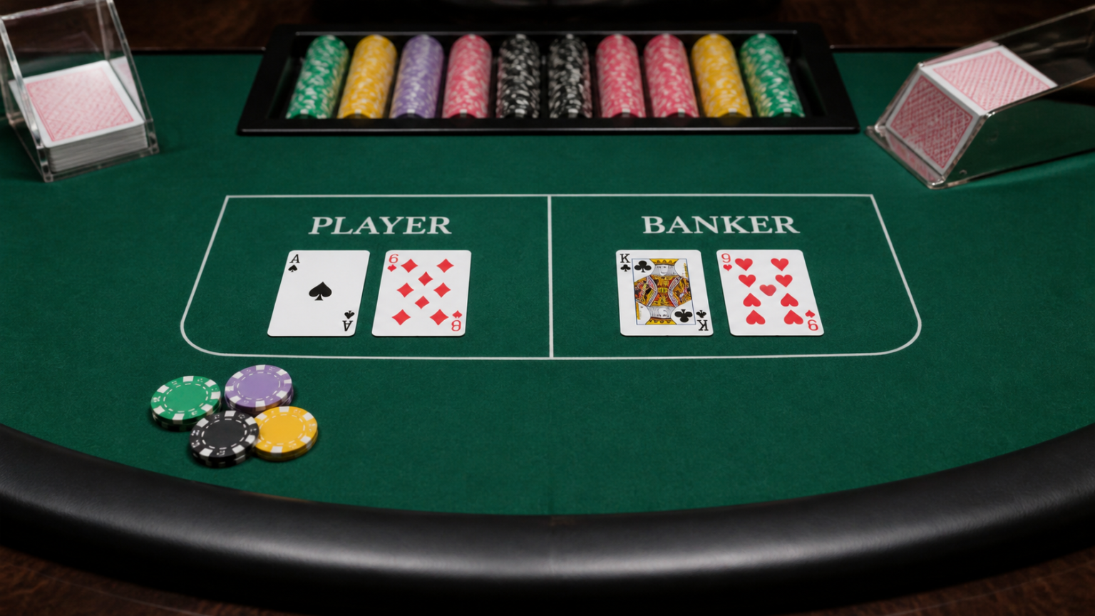 Hiểu luật baccarat trước khi đặt cược: đánh baccarat trực tuyến Bàn baccarat với bài, phỉnh và các cửa cược Người chơi, Nhà cái