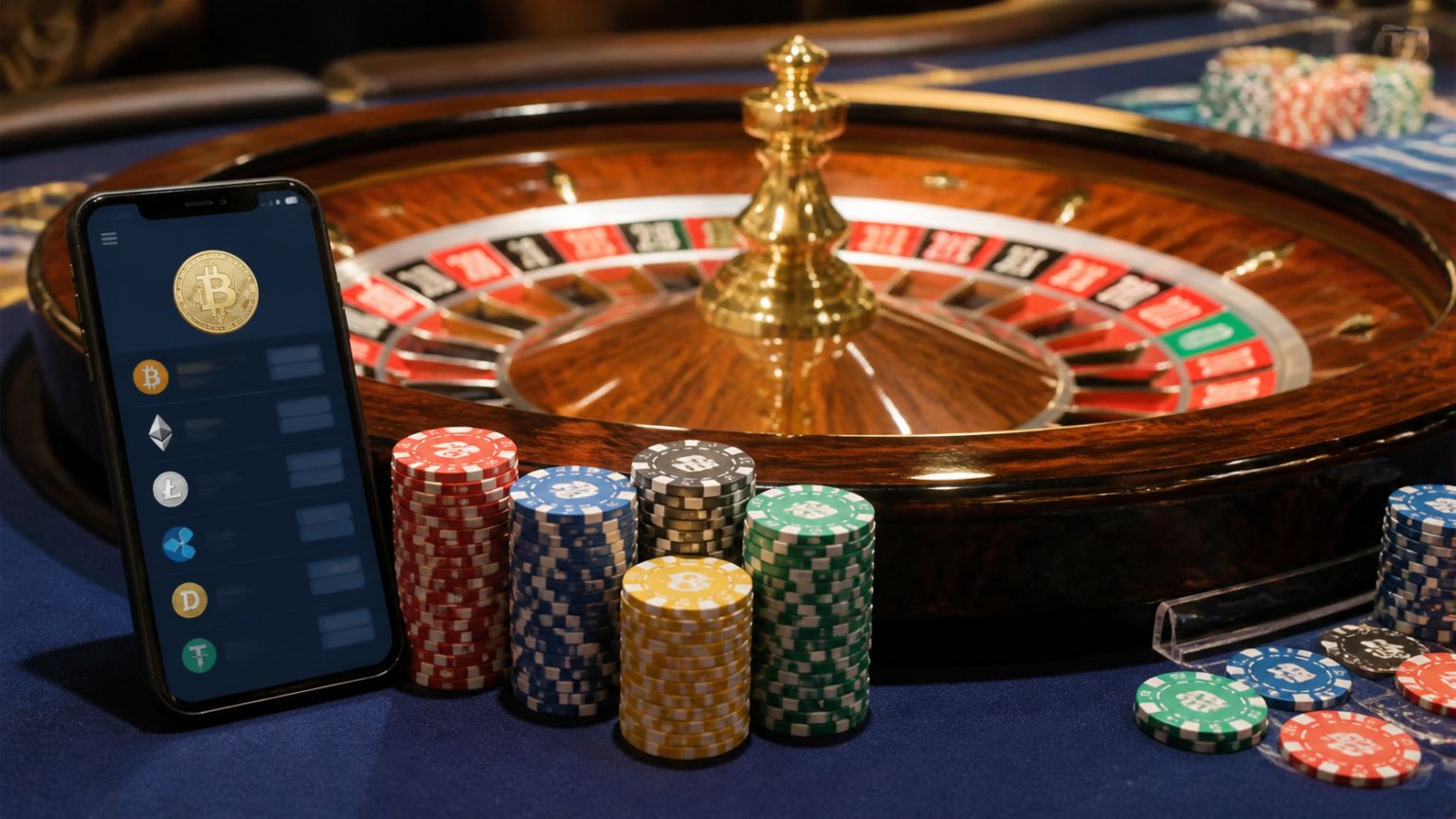 Roulette table and chips beside a smartphone with a generic crypto wallet screen