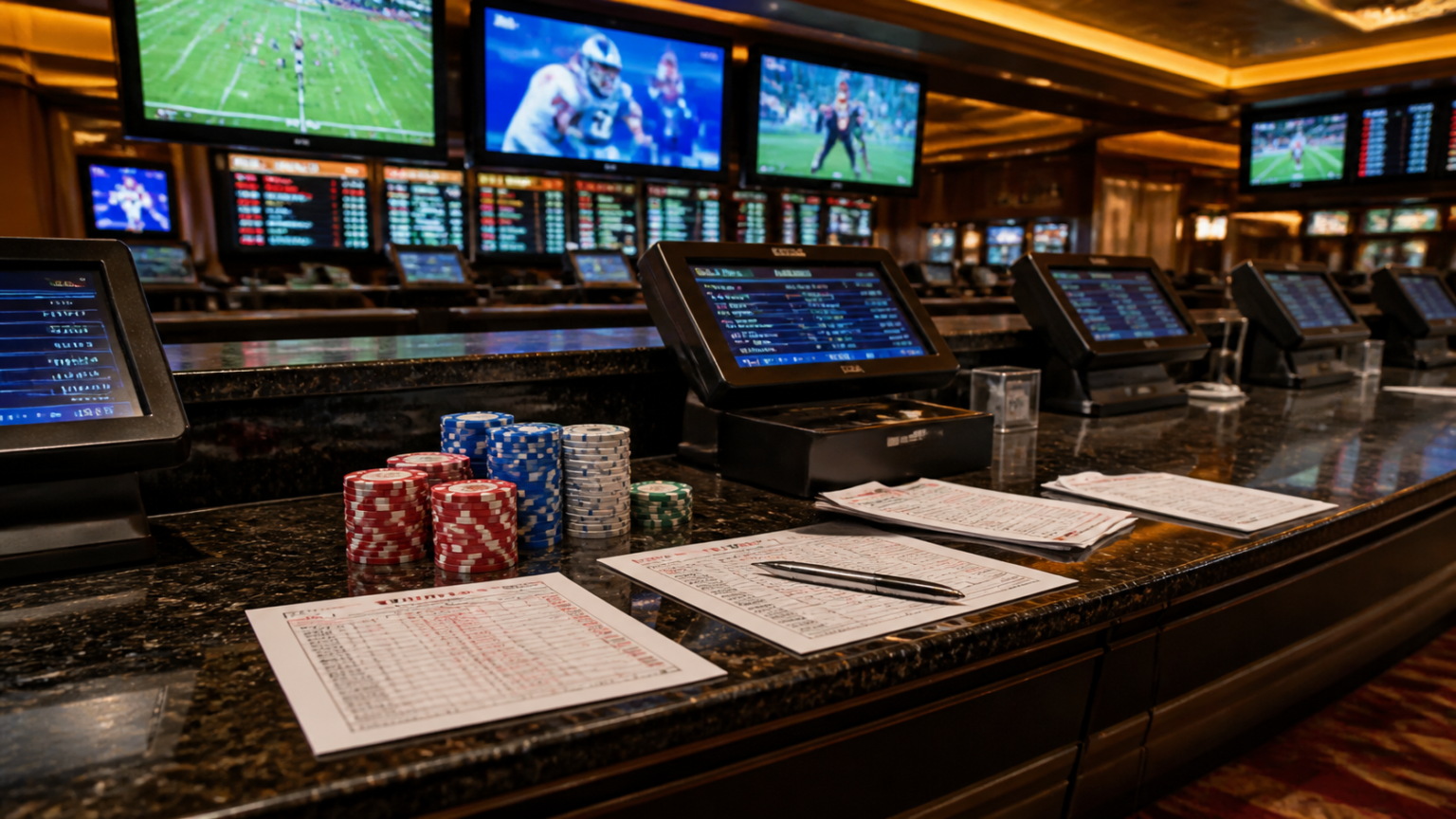 Casino betting counter with odds screens and betting slips