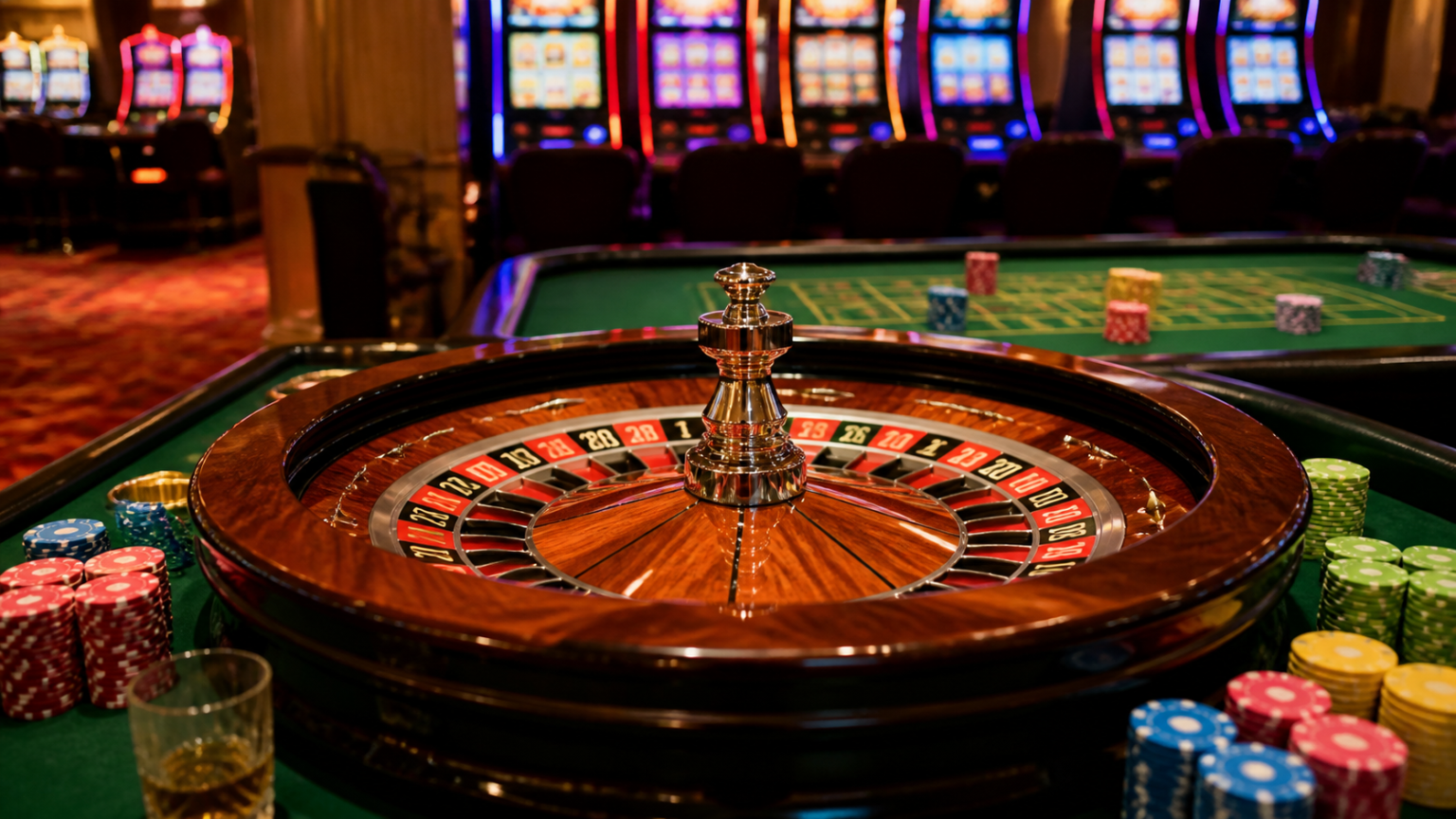 Roulette table and casino chips representing an online casino