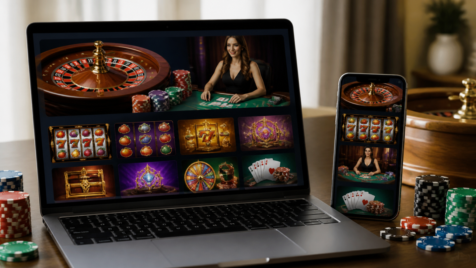Online casino games displayed on a laptop and smartphone