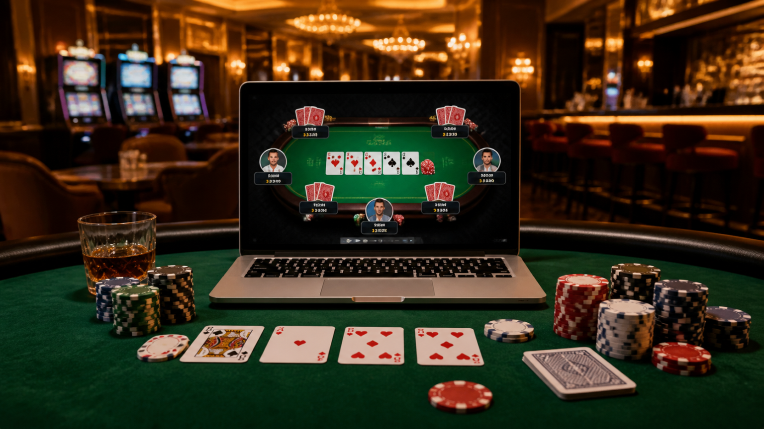 Poker Game Online: A Practical Guide for Modern Players Laptop and chips beside a poker game online at a casino-style table