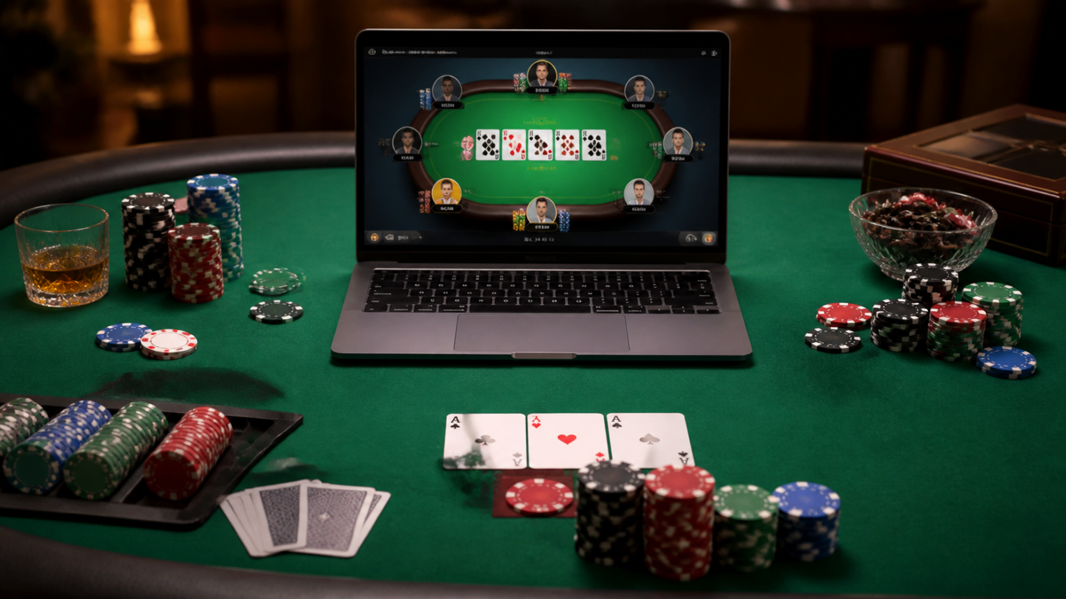 Playing โป๊กเกอร์ ออนไลน์ เงินจริง Safely and Smartly Online poker table with cards and chips